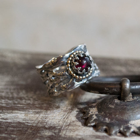 Silver ring, garnet Band, braided silver ring, wide silver ring, boho ring, unique silver engagement ring, gypsy ring - On That Day R2257