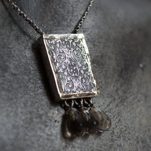 Silver Gold Necklace, bohemian Necklace, Filigree pendant, nature Necklace, Smoky Quartz pendant, rectangle Pendant- Revolving doors N4545
