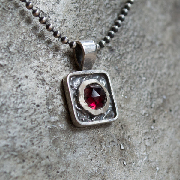 garnet necklace, Square pendant, gypsy pendant, hippie necklace, minimalist, silver boho necklace, red stone necklace - Impression N2001