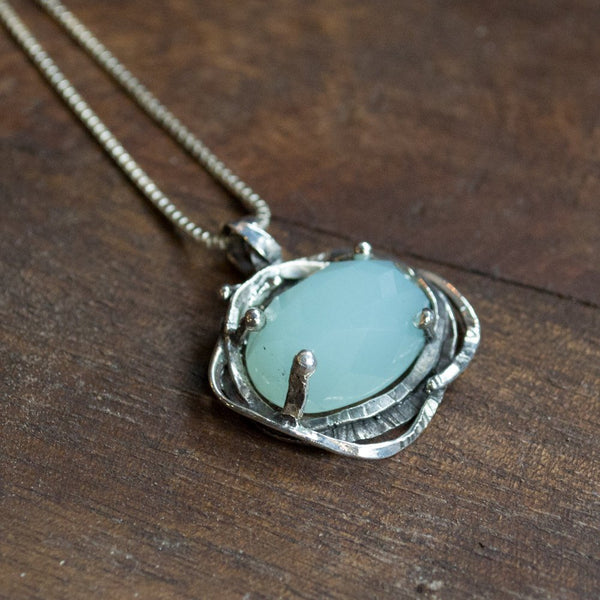 Oval Silver pendant, White agate Pendant, silver box chain, stone pendant, organic boho pendant, simple necklace - The Seven Seas N8915-1