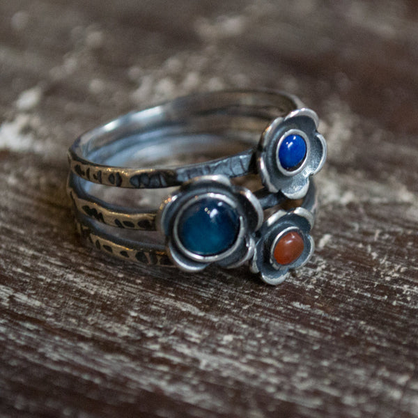 Mothers ring, family ring, birthstones ring, Gemstones ring, sterling silver ring, stacking rings, coral, lapis, agate ring - Guess R1686-4