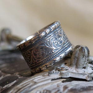 Sterling silver band, wedding band, woodland band, unisex silver ring, vine ring, oxidized silver ring, wide Band, boho ring - Believe R1741