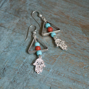 Hamsa earrings, boho earrings, stone earrings, Silver earrings, hand of fatima earrings, long earrings, turquoise earrings - Purpose E8022