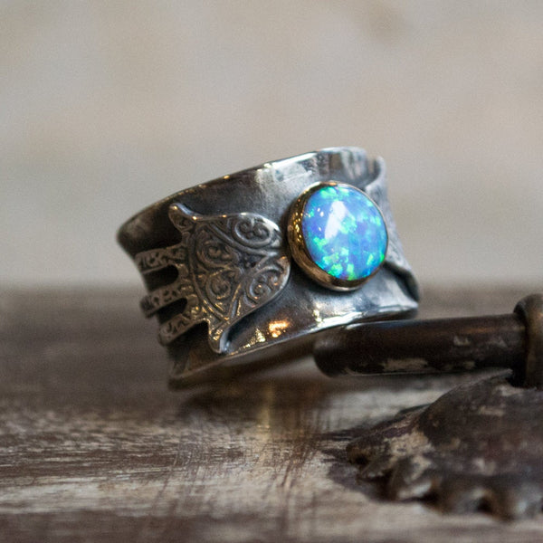 Hamsa silver ring,  silver gold ring, hand of fatima ring, opal ring, twotone ring, statement ring, boho ring, tribal - Feel the magic R2269