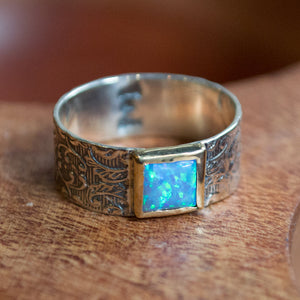 Square opal Ring, twotone Statement Ring, Cocktail Ring, Unique Silver Ring, boho Ring, gypsy ring, Woodland opal Ring - Dream weaver R2271
