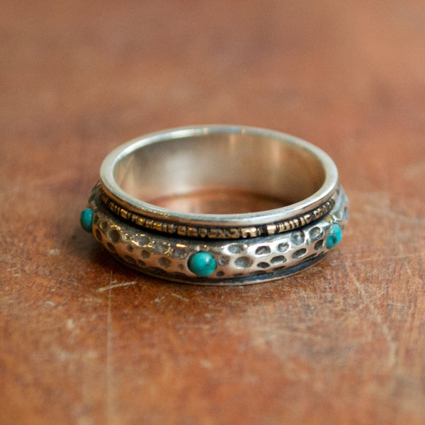 Teal turquoise ring, boho ring, multistone ring, meditation ring, silver spinner ring, silver gold ring, unisex ring - Mysterious ways R2275