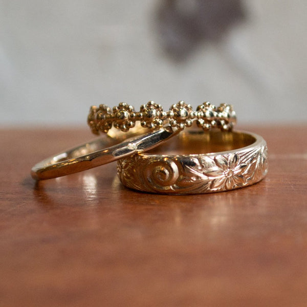 Unisex wedding band, Gold Filled Band, matching bands set, yellow gold ring, boho ring, bohemian ring, floral band - With this ring 2 R2277