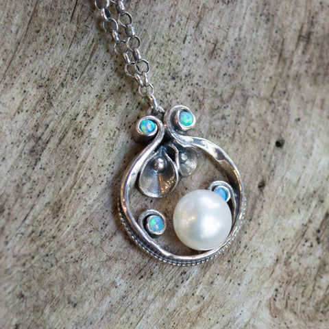 Blue opal pearl pendant silver necklace