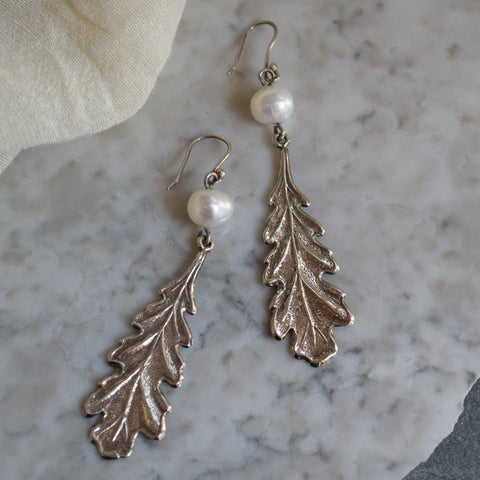 Long silver Earrings, boho earrings, leaf earrings, dangle earrings,  pearl earrings, chandelier earrings, gypsy - Swirling leaves E2145