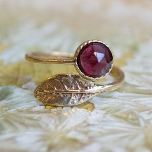 Thin ring, leaf ring, garnet ring, Golden brass ring, adjustable ring, Birthstone stacking ring, dainty ring - Gone with the wind RK2062-2