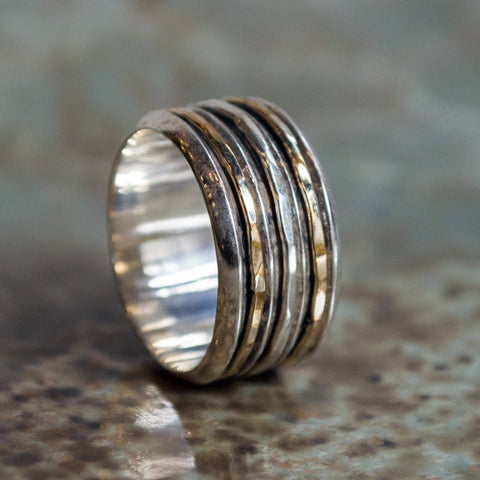 Gold Silver ring, two tone ring, boho chic jewelry, wide Wedding band, boho unisex band, silver ring, stack ring - Two of a kind R2278