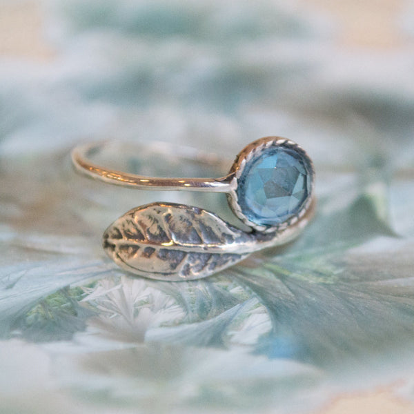 blue topaz leaf gemstone ring