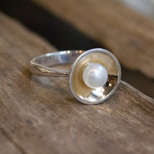 Silver rose gold ring, shiny ring, bowl ring,simple Pearl ring, June birthstone ring, two tone ring, engagement ring - Serenity R1569G