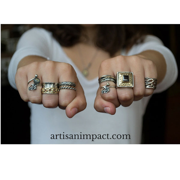 Square ring, Tibetan ring, shell ring, bohemian jewelry, Gypsy ring, Silver Gold Ring, cocktail ring, statement ring - White Russia R1600X