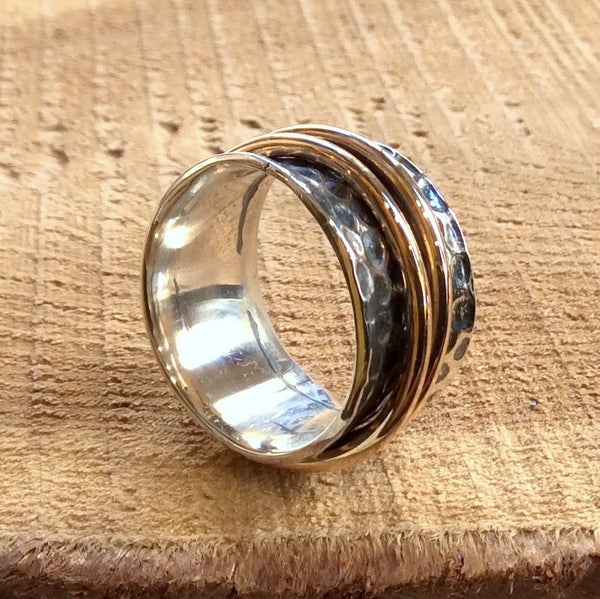 Hammered unisex ring, two tone ring, stacking rings, Alternative wedding ring, yellow gold spinner ring, silver gold band - In My City R2300