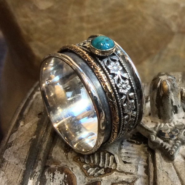 Gold spinner ring, Turquoise stone ring, flower band, silver ring, boho ring, Silver gold wedding band, stacking bands - Mother Earth R2314