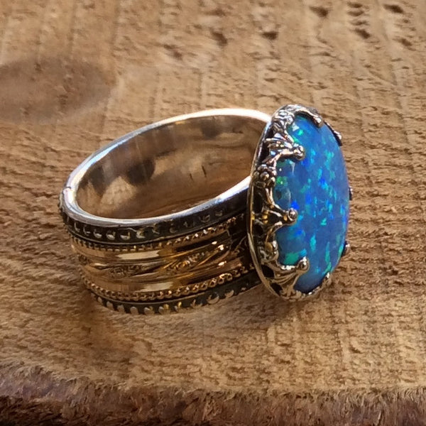 Silver gold ring, blue opal ring, wedding band, gypsy ring, spinner ring, meditation ring, two tone gold filigree ring - Into The Mist R2305