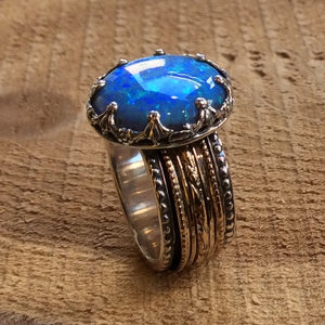 Silver gold ring, blue opal ring, wedding band, gypsy ring, spinner ring, meditation ring, two tone gold filigree ring - Into The Mist R2305