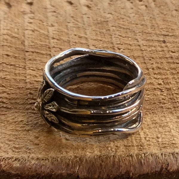 Sterling silver ring, flower ring, wire wrap band, boho ring, wide engagement ring, gypsy ring, statement ring, unique ring - Blooming R2306
