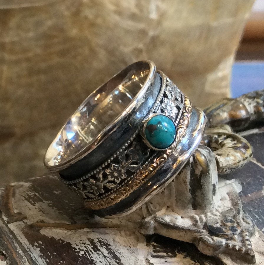 Gold spinner ring, Turquoise stone ring, flower band, silver ring, boho ring, Silver gold wedding band, stacking bands - Mother Earth R2314