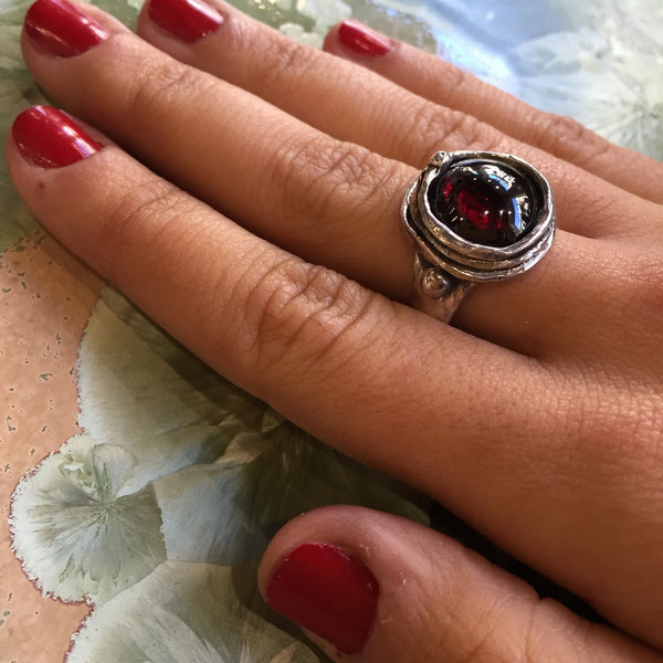 Garnet ring, Sterling silver ring, gemstone ring, dome red oxidized ring, statement ring, cocktail ring, red gemstone ring - Mirage R1470-7