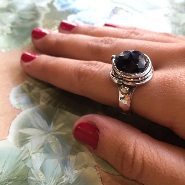 Onyx ring, organic Ring, statement ring, cocktail ring, Sterling silver ring, black gemstone ring, onyx ring - Notorious Wind R1470-11