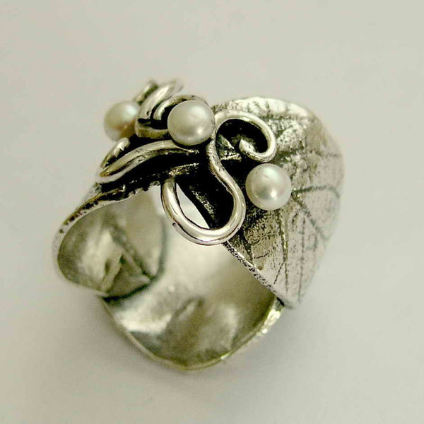 Silver ring, pearls ring, nature band, leaves ring, vine ring, wide silver band, twig ring, oxidised silver ring, leaf - Wild leaves R1639