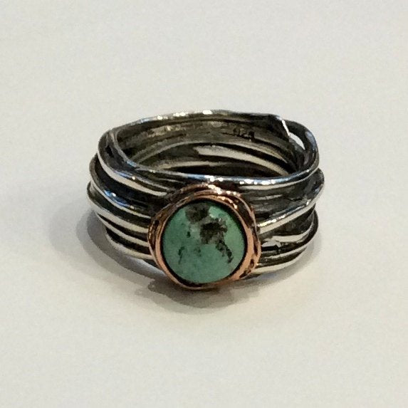 Turquoise Ring, Rose Gold Silver Ring, Engagement Turquoise Ring, Two tones Ring, Wire wrap Statement Ring - Imagine life in peace R1504BG4