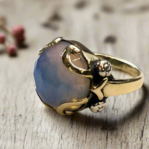 Opalite ring, Gold ring, gemstone ring, white stone ring, golden brass ring, statement ring, cocktail ring, prongs ring - This is love R2333