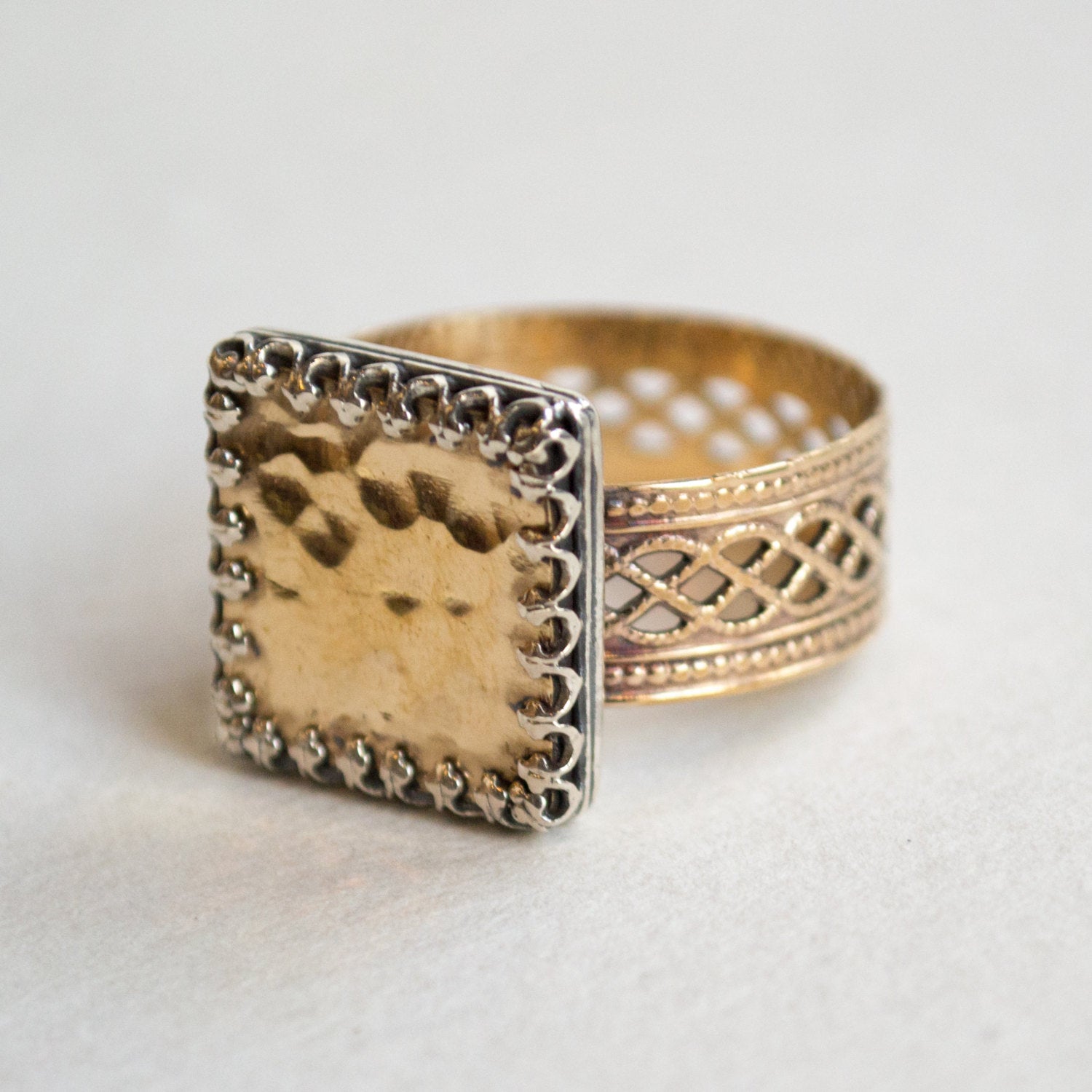 Gold silver ring, square gold filled ring, statement ring, twotone Square ring, unique ring for her, boho ring, gypsy - Be For Real R2254