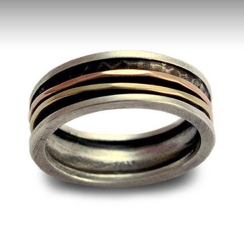 Mens Wedding Band, Men Silver Ring, Silver Gold Ring, Gold Spinner Ring, Unisex Ring Band, Meditation - Walk with me R1079B
