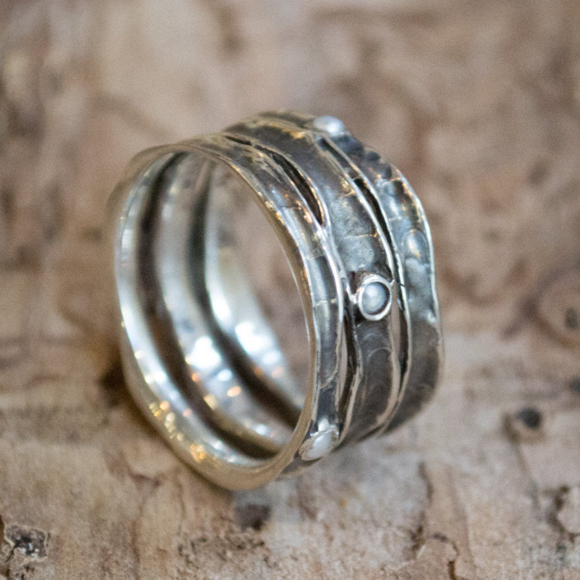 Pearls ring, Boho ring, Silver ring, wide band, pearls band, wide silver ring, mothers ring, stacking bands, gypsy - Rolling stones. R1020S