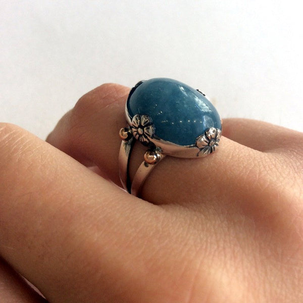 Aquamarine ring, floral ring, sterling silver ring, cocktail ring, Milky aquamarine ring, gemstone ring, silver gold ring - La Mer R2061