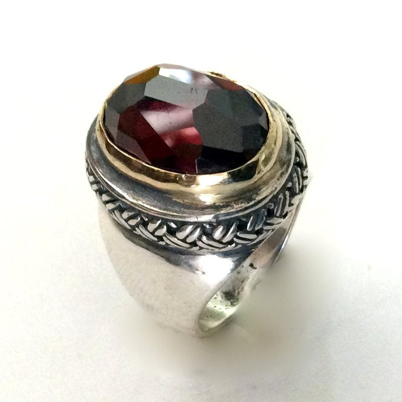 Garnet Ring, statement ring, cocktail ring, sterling silver ring, stone ring, two tone ring, silver gold ring - Love me tomorrow R2055G-1