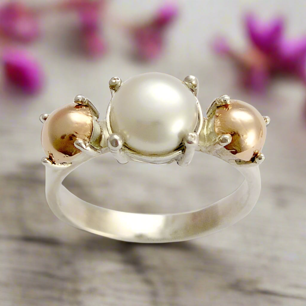 Freshwater pearl ring, two tones ring, delicate ring, pearl engagement ring, sterling silver ring, silver and rose gold ring - Dreamer R1541