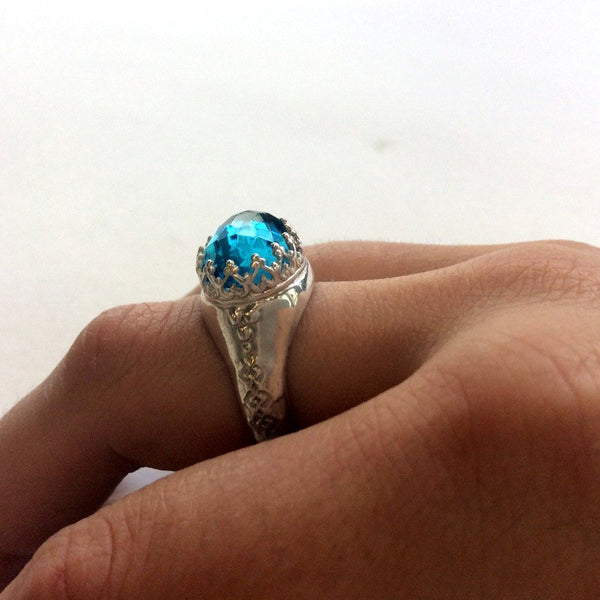 London blue topaz ring, Sterling silver ring, cocktail ring, Statement ring, gemstone ring, Victorian crown ring, shiny - Somehow R2052-1