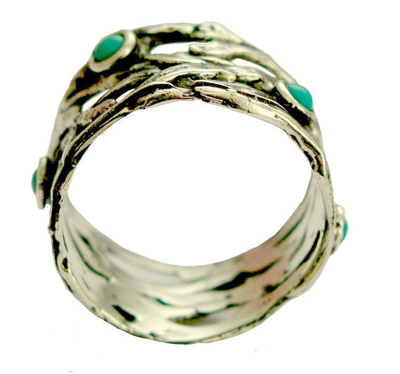 Turquoise ring, sterling silver band, Wide silver band, Silver Braided Band, green gemstones ring, oxidized silver band - Spice girl. R1378