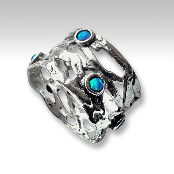 Braided sterling silver opals ring