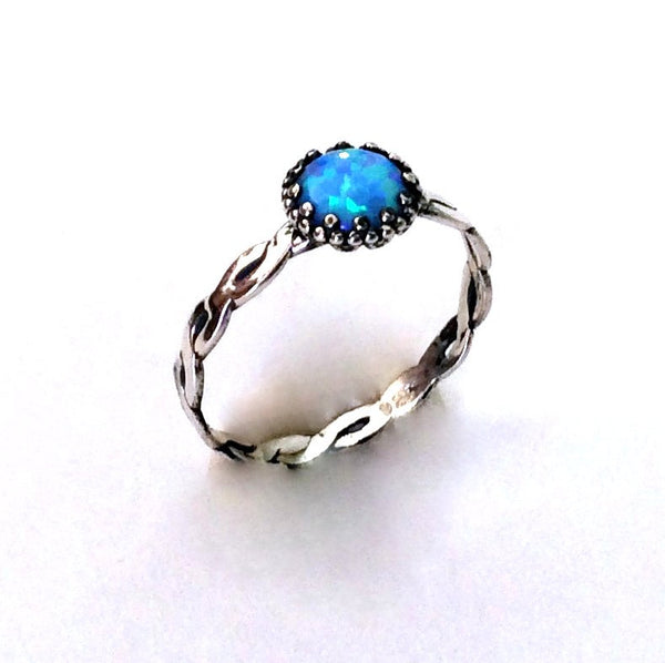 Gemstone ring, Sterling silver ring, Opal ring, delicate ring, braided band, solitaire ring, shiny silver ring, thin ring - Shiny R2110