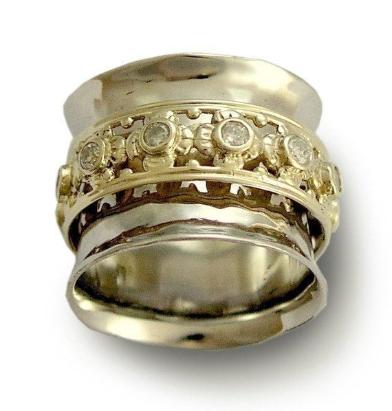 Zircons wedding ring, Two-tone spinner ring, boho ring, engagement ring, Silver Wedding band, Fidget jewelry - New beginnings 2 - R1149XZ