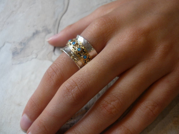 Zircons wedding ring, Two-tone spinner ring, boho ring, engagement ring, Silver Wedding band, Fidget jewelry - New beginnings 2 - R1149XZ