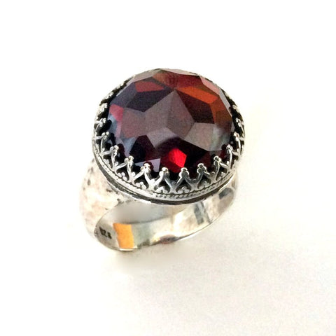 Bohemian jewelry, garnet ring, gemstone ring, crown ring, sterling silver ring, statement ring, cocktail ring - Point of imagination R2190