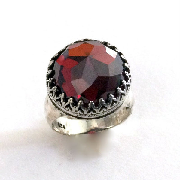 Bohemian jewelry, garnet ring, gemstone ring, crown ring, sterling silver ring, statement ring, cocktail ring - Point of imagination R2190