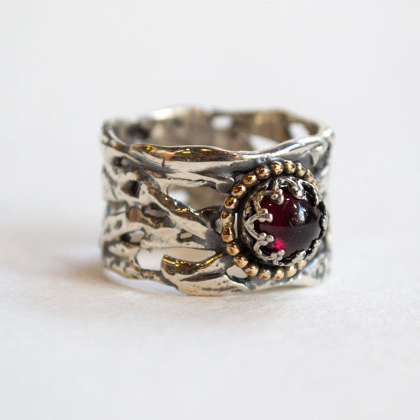 Silver ring, garnet Band, braided silver ring, wide silver ring, boho ring, unique silver engagement ring, gypsy ring - On That Day R2257