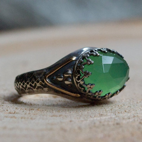 Green quartz ring, sterling silver ring, silver gold ring, crown ring, gemstone ring, Vintage ring, gypsy ring - Little things R2052G-1