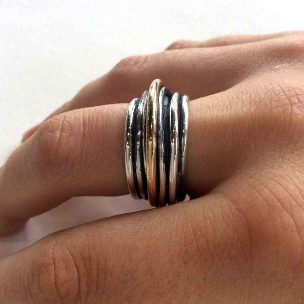 bohemian jewelry, Simple Ring, silver ring, unisex band, silver gold ring, wire wrap ring, oxidized band, two tone ring - Mood swings R2065