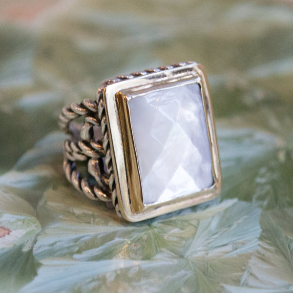 Blue quartz ring, rectangle ring, Blue stone ring, Victorian ring, two tones ring, silver gold ring, statement ring - Next to you R1553-2