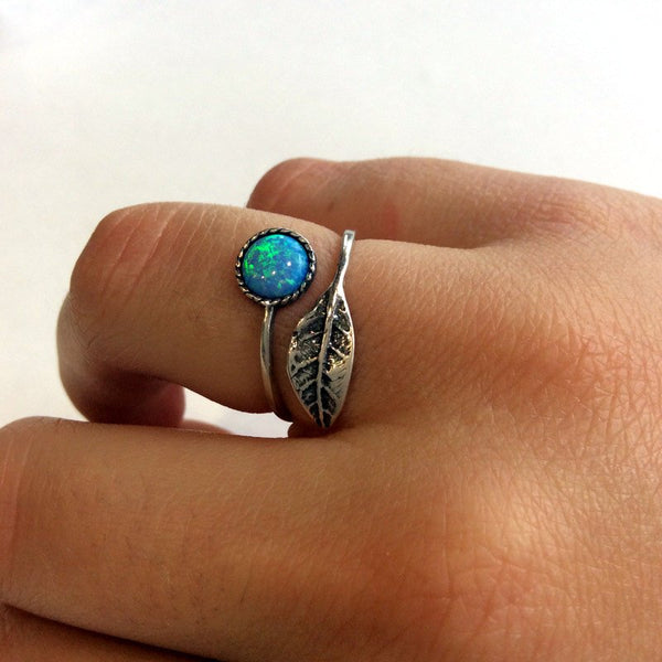  opal silver leaf ring