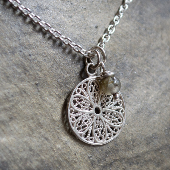 Round pendant, filigree pendant lace necklace, sterling silver necklace, simple silver necklace, casual necklace - Into your heart N2003