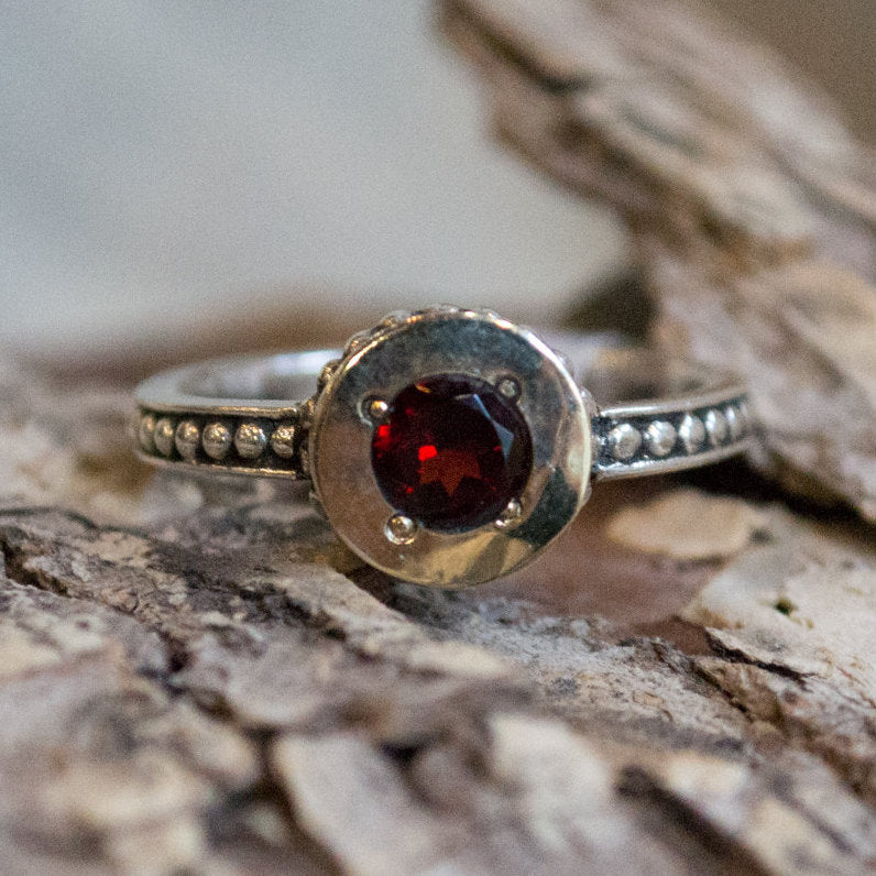 Garnet Ring, Two Tone Ring, Silver Gold Ring, Sterling Silver Ring, Boho Gemstone Ring, Dots Band, Engagement Ring - Desire R0154X